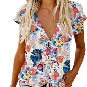 Short Sleeve V Neck Tie Front Blouse